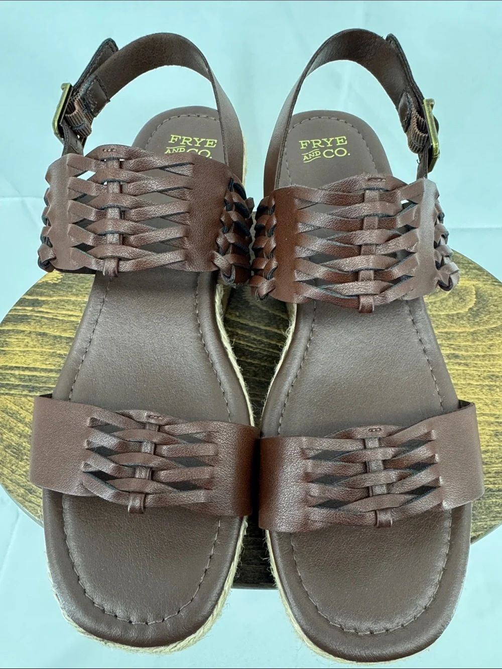 Like New! Frye & Co Womens Lavish Woven Brown Leather Wedge Cork Sandals, sz 8
